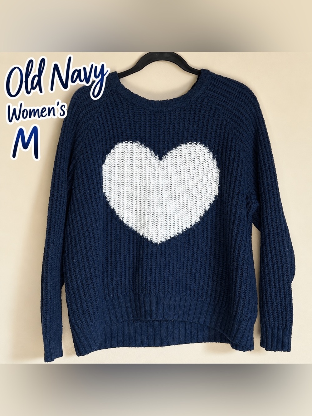 Old Navy Navy Blue White Heart Chunky Knit Cozy Sweater – M